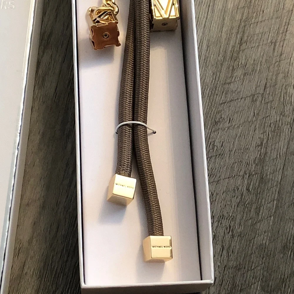 Michael Kors Gold Tone & Birch Cord Bag Charm MK Cubes NWT & Box - Picture 10 of 14